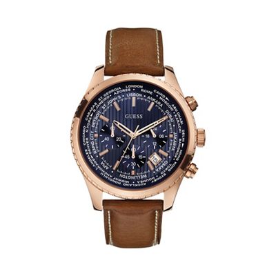 Men's brown leather strap watch with blue dial w0500g1